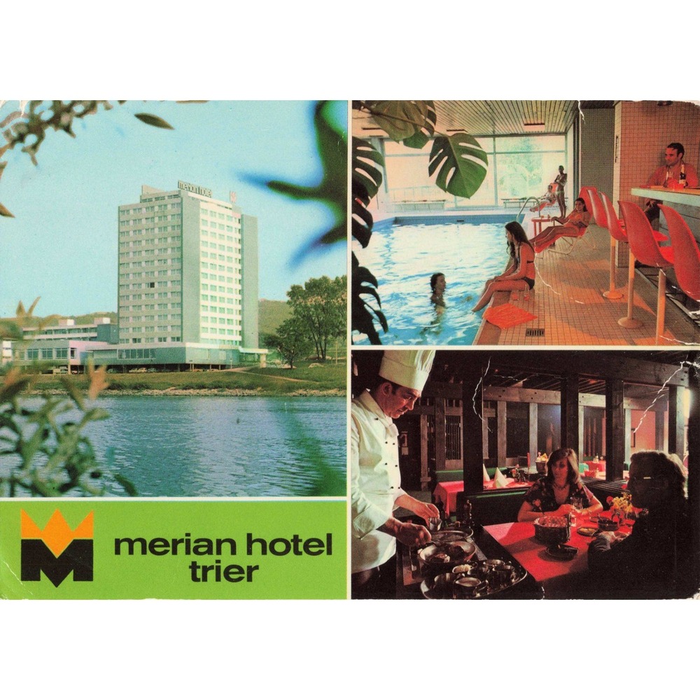 Vintage Merian Hotel Trier Germany Multi-View Postcard Swimming Pool Dining Room - Picture 1 of 2